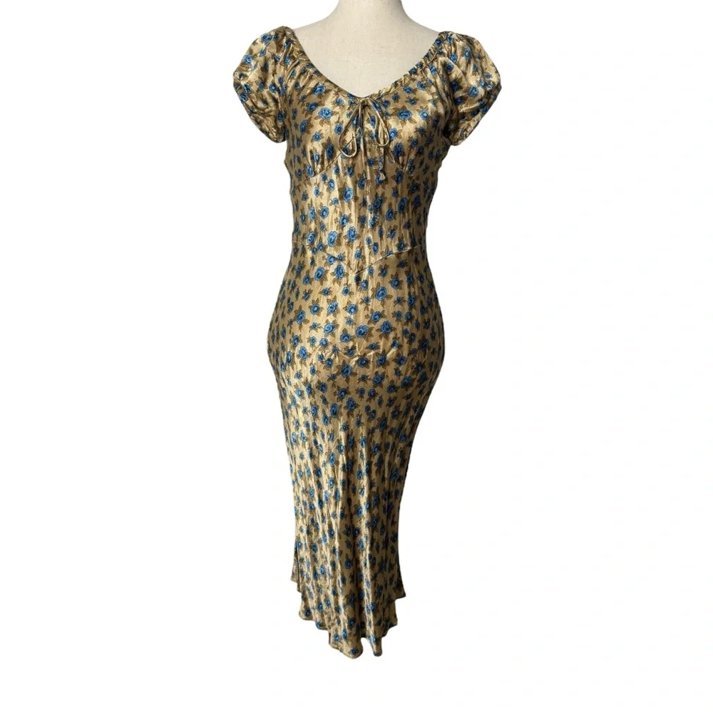 SOLD Vintage Betsey Johnson Satin Rose Print Milkmaid Midi Dress - Picture 10 of 12